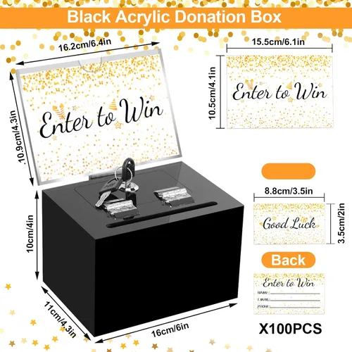 Vista 2 de Caja de donación acrílica negra con cerradura, caja de sugerencias segura con soporte para letreros para tarjetas de voto y consejos, 6 x 4.3 x 4