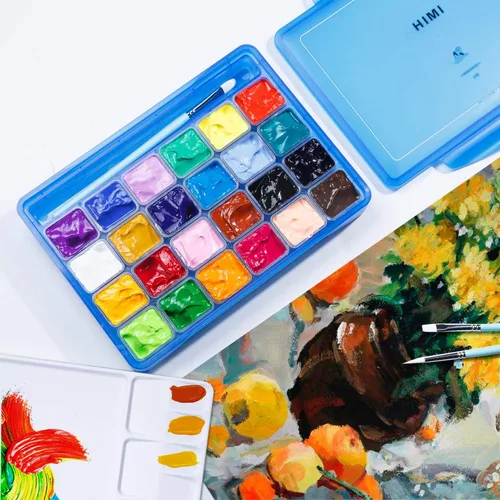 Vista 7 de artme HIMI Juego de pintura gouache, 24 colores x 30 ml, diseño exclusivo de cápsula de gelatina con 3 pinceles de pintura y una paleta en un