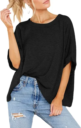 Vista 4 de Camisetas de verano para mujer, cuello redondo, de gran tamaño, básicas, informales, enrolladas, de manga corta, camisetas básicas de moda