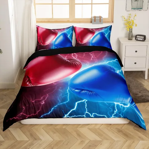 Vista 4 de Juego de funda de edredón de boxeo, tamaño matrimonial para adultos y adolescentes, juego de cama con patrón de juego competitivo, funda de edredón