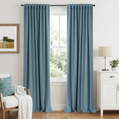 Vista 32 de INOVADAY Cortinas 100% opacas de 63 pulgadas de largo, juego de 2 paneles de lino con pestaña trasera, bolsillo para barra, cortinas opacas