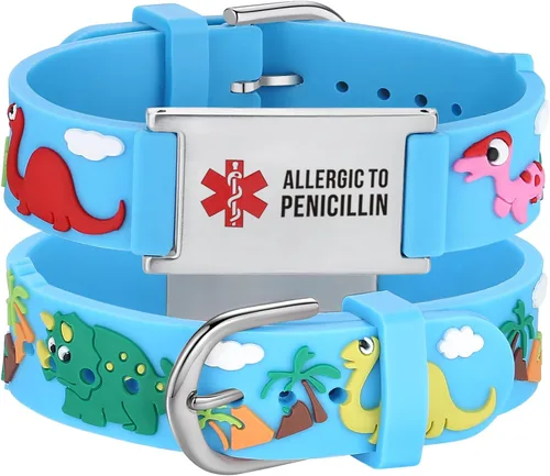 Vista 16 de LinnaLove Medical Alert ID Bracelet – Custom or Pre-Engraved, QR Code Available,Blue Dinosaur Band