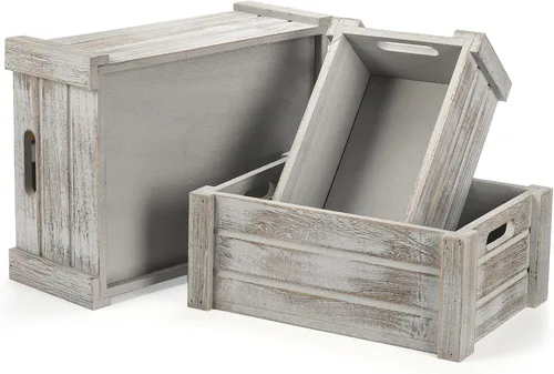 Vista 9 de Hacaroa Paquete de 3 cajas de madera con asas, caja de almacenamiento rústica para anidar, cestas de madera decorativas para frutas, verduras
