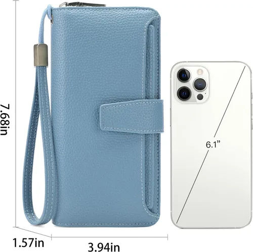 Vista 3 de GOIACII Cartera para mujer, de gran capacidad, con bloqueo RFID, para teléfono, tarjetero de embrague, cartera larga de viaje, color azul