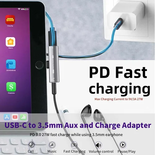Vista 2 de Adaptador de auriculares USB C, adaptador 2 en 1 de USB C a conector de auriculares de 3,5 mm HiFi DAC con adaptador dongle de carga rápida de 27W