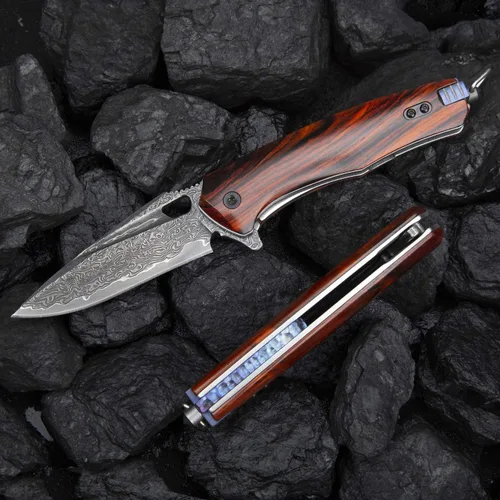 Vista 2 de Cuchillo plegable EDC multifuncional de acero de Damasco con clip de bolsillo autoensamblable, cierre de revestimiento, funda de cuero, cuchillo