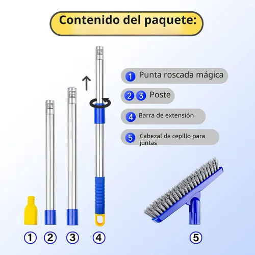 Vista 9 de Cepillo para lechada con mango largo ajustable, cepillo giratorio para fregar, raspador de líneas de lechada en forma de V con cerdas rígidas