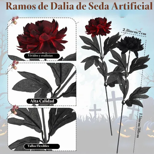 Vista 3 de Tigeen - 60 flores artificiales de color burdeos, flores góticas Flores de Halloween de tallo largo, ramo de novia, cosecha, centros de mesa
