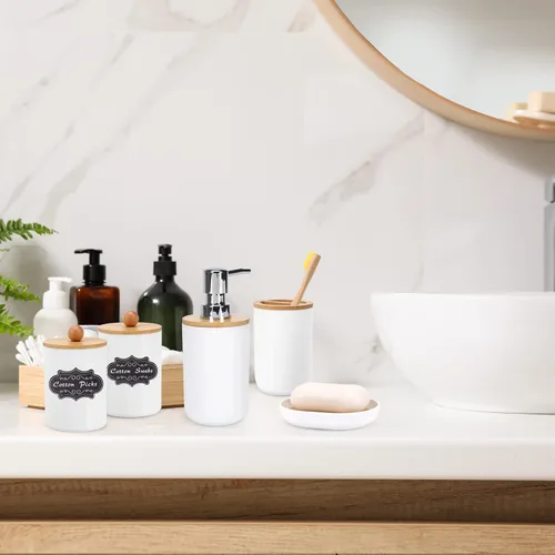 Vista 6 de Fixwal Accesorios de baño de bambú, juego de accesorios de baño de 8 piezas con basura, soporte para cepillo de dientes, dispensador de jabón