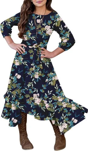 Vista 5 de MITILLY Vestido largo maxi suelto liso de manga 3/4 casual con bolsillos y volantes estilo swing con cinturón para niñas 01 Azul oscuro fultter