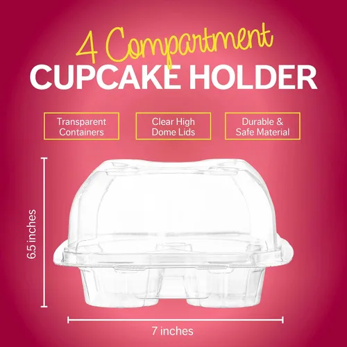 Vista 6 de Cajas de plástico para cupcakes 4 compartimentos – Paquete de 50 Soporte desechable para cupcakes de cúpula alta con tapa a granel Cajas