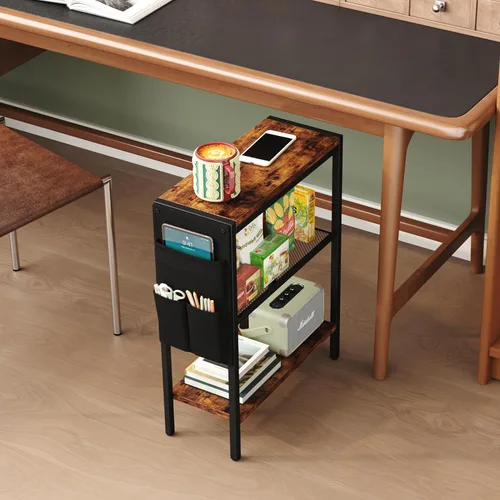 Vista 4 de Yusong Mesa auxiliar pequeña y estrecha para espacios pequeños, mesa auxiliar delgada con bolsa de almacenamiento, mesa de aperitivos para sofá