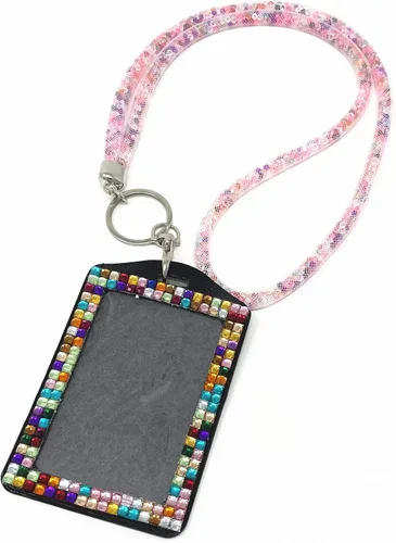 Vista 17 de Cordón de malla con cuentas de cristal con diamantes de imitación vertical titular de la tarjeta de identificación