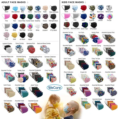 Vista 3 de WeCare - Mascarilla desechable con envoltura individual, juego de 50 mascarillas de colores y estampadas