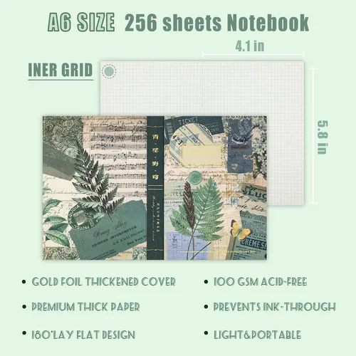 Vista 4 de Kit de Suministros para Scrapbooking, Kit de Scrapbook Estético Botánico Vintage para Bullet Journal Junk Journal A6 Cuaderno de Cuadrícula