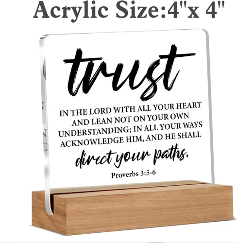 Vista 2 de Regalos de versículo bíblico cristiano para mujeres y hombres, letrero acrílico con frase de Proverbios Trust in The Lord Scripture con soporte