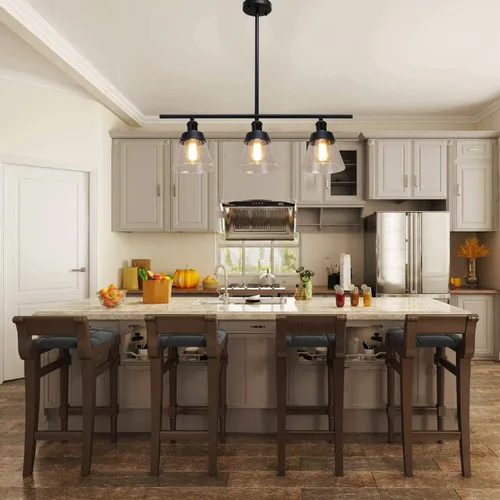 Vista 2 de Fivess Lighting Iluminación de Isla de Cocina Estilo Granja Negro de 3 Luces, Candelabro Lineal de Vidrio Texturizado Transparente, Varillas