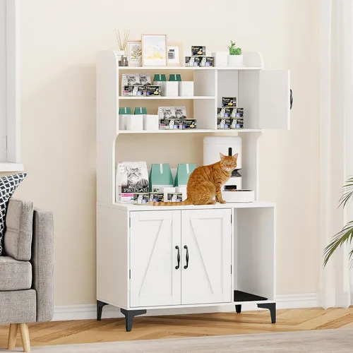 Vista 8 de Caja oculta para gatos con almacenamiento de estantes, muebles de madera resistente para baño, color blanco