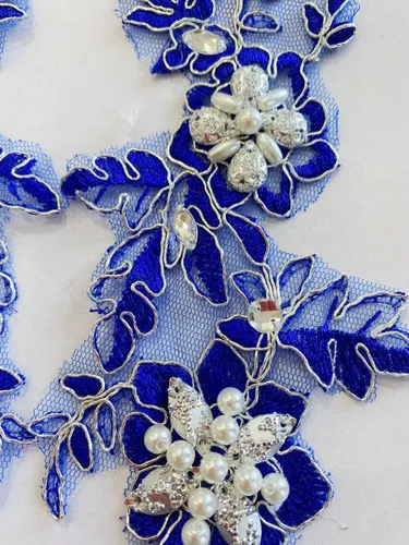 Vista 5 de Parches de tela de encaje fino bordados con diamantes de imitación bordados, decoración de vestido para coser en lentejuelas cuentas, accesorio