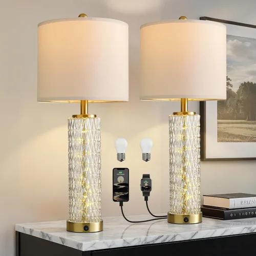 Vista 16 de Oneach Juego de 2 lámparas de mesa de 27.75 pulgadas, lámpara de noche moderna negra con luz nocturna LED, USB A+C, lámparas de vidrio para sala
