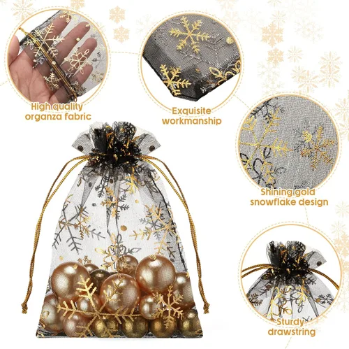 Vista 4 de Roowest 100 bolsas de regalo de organza con copos de nieve de 4 x 6 pulgadas, pequeñas bolsas de malla para joyas, mini cordón para dulces, bolsas