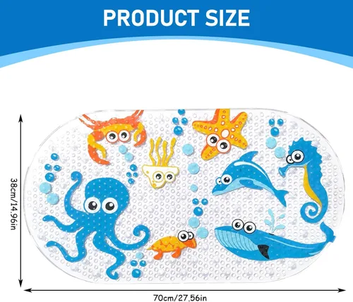 Vista 5 de Tapete de baño para niños pequeños, tapete de baño antideslizante de PVC de 15 x 28 pulgadas para niños, bonita alfombra de baño de dibujos animados