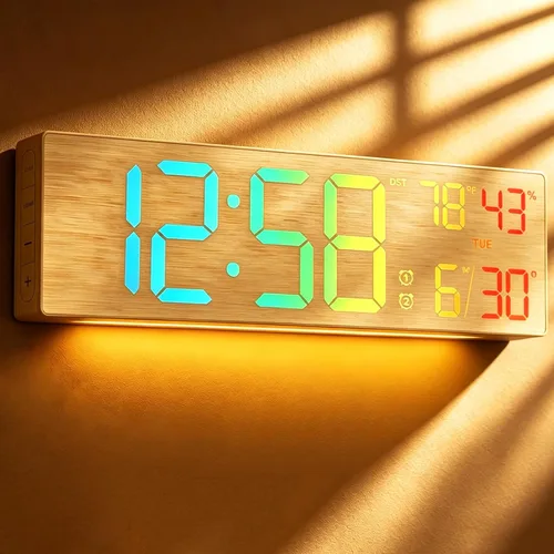 Vista 10 de RGB Large Digital Wall Clock, 15.7" Digital Clock Large Display with Remote LED Alarm Clocks with Night Light, DST, Date, Temperature for Living