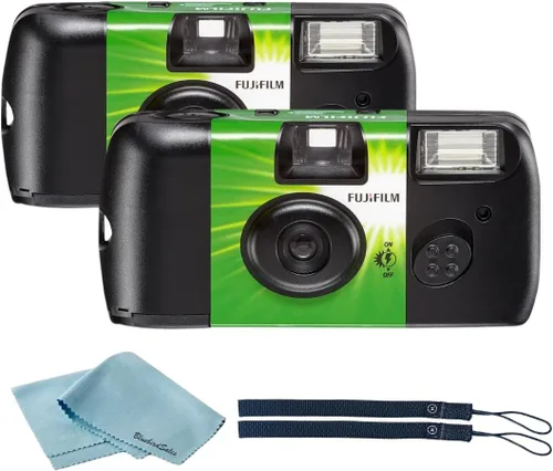 Vista 4 de Cámara desechable Fujifilm QuickSnap Flash 400 de 35mm • Paquete de 2 • 2 correas para la mano • Paño de limpieza de microfibra BluebirdSales