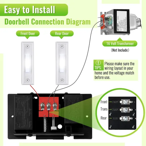 Vista 5 de Kit de timbre de puerta con cable de Saillong, 2 botones de presión de timbre iluminados de 16V 10VA con 2 notas para puerta delantera, trasera