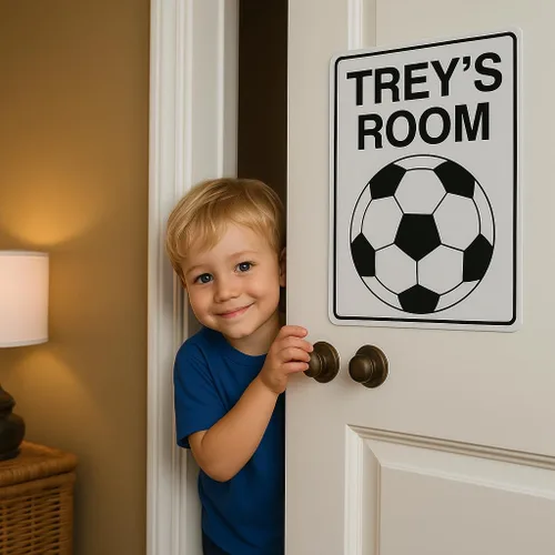 Vista 4 de Letrero personalizado para sala de fútbol, decoración de pared de fútbol con nombre personalizado para niños, letrero de fútbol de aluminio
