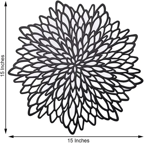 Vista 3 de Efavormart - Juego de 6 manteles individuales de vinilo floral negro de 15 pulgadas, antideslizantes, redondos, con corte de flores, metálicos