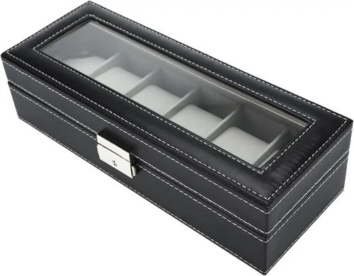 Vista 7 de NovelBee Cajas de reloj con 6 ranuras, vitrina rectangular para relojes con tapa de vidrio y almohadas extraíbles para hombres y mujeres