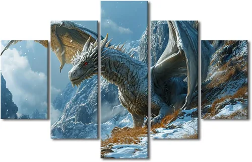 Vista 46 de Lienzo decorativo para pared de sala de estar, lienzo de dragón, 5 paneles, dragón verde, decoración de pared para el hogar, decoración de pared