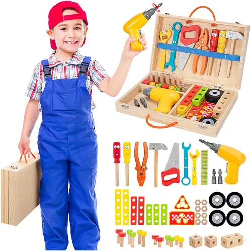 Vista 8 de Set de herramientas para niños con taladro eléctrico, set de 46 piezas de herramientas de madera para jugar para niños pequeños con caja