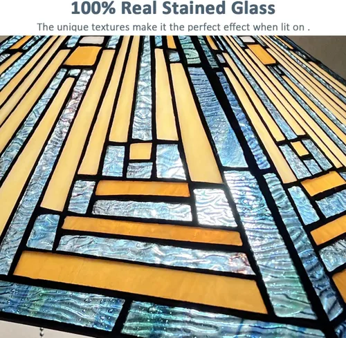 Vista 3 de Tiffany - Lámparas de mesa de 16 pulgadas de ancho hechas a mano con vitrales para lectura, 2 luces, estilo misión azul, luz de mesa antigua