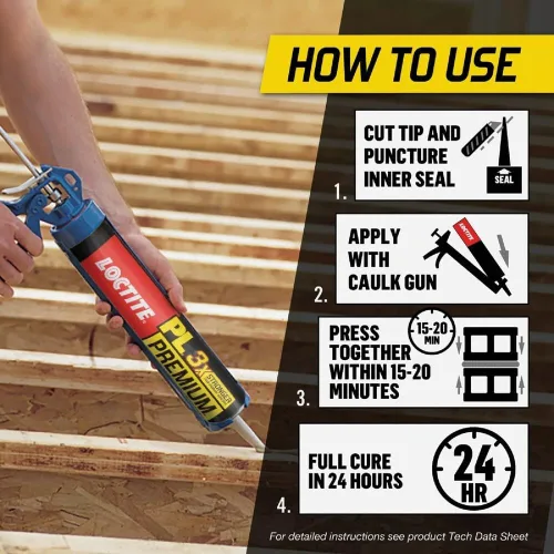 Vista 4 de Loctite PL Premium Adhesivo de Construcción de Poliuretano, Pegamento de Construcción Versátil para Madera, Concreto, Metal y Más - Cartucho de 28