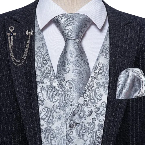 Vista 4 de Barry.Wang Chaleco formal de los hombres Paisley Jacquard seda corbata traje chaleco conjunto boda 5PCS
