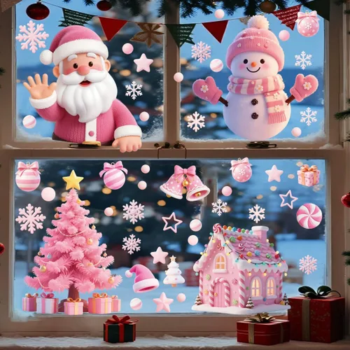 Vista 8 de 121 calcomanías de Navidad rosas para ventanas, Papá Noel, árbol de Navidad, copo de nieve, muñeco de nieve, ciervo, calcomanías de doble cara