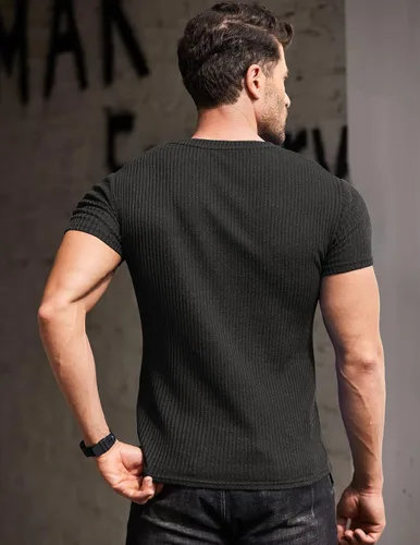 Vista 3 de COOFANDY Camisetas musculares elásticas de manga corta con cuello en V para hombre