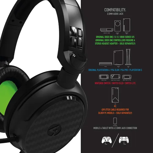 Vista 2 de 4Gamers C6-100 Auriculares para juegos sobre la oreja negros y verdes compatibles con PS4PS5, Xbox, Switch, PC con micrófono flexible, conector