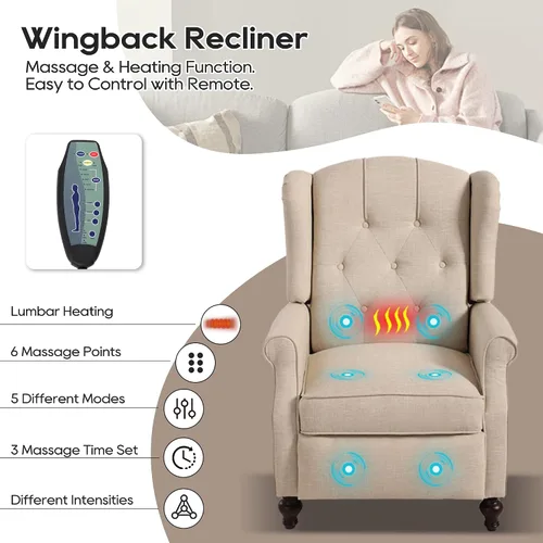 Vista 3 de Silla Wingback con masaje y calor, silla reclinable de tela copetuda, silla reclinable con respaldo de ala con control remoto, cojín acolchado
