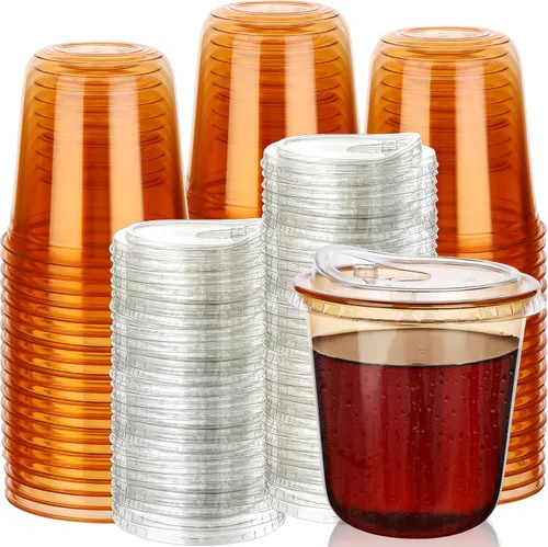 Vista 8 de 100 juegos de vasos desechables sin tallo con tapas sin pajita, vasos de plástico PET, vasos de café transparentes para café helado, batidos Azul