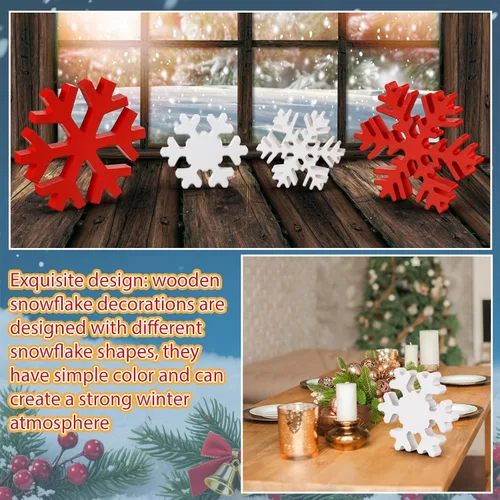 Vista 5 de Blulu 4 piezas de copos de nieve de madera de invierno, decoraciones de mesa, letreros de copos de nieve de Navidad, letrero de mesa de pie
