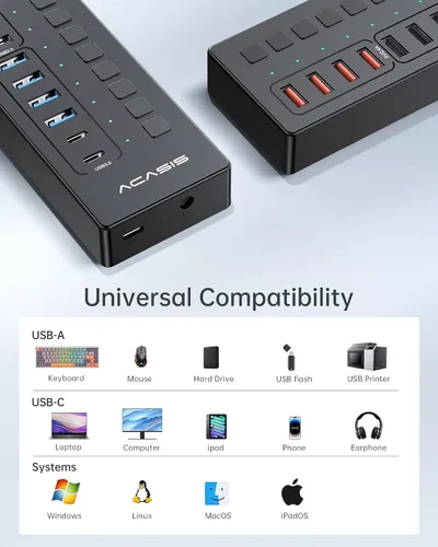 Vista 8 de Concentrador USB 3.0 alimentado, concentrador USB ACASIS de 16 puertos (incluye 2 puertos de carga inteligente USB C 3.0+4) con adaptador