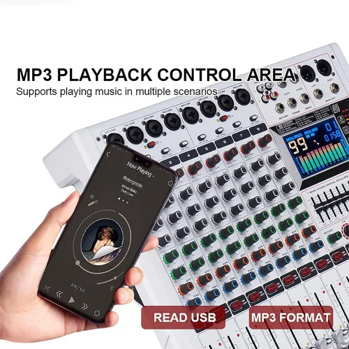 Vista 4 de GF8PRO - Consola de DJ profesional de 8 canales, con ecualizador de 7 etapas, 99 efectos de reverberación, pantalla LCD a color, función de silencio