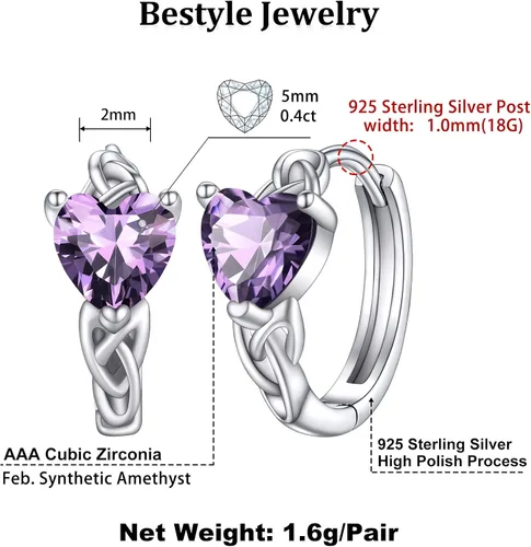 Vista 5 de Bestyle Sterling Silver Celtic Earrings with Birthstone for Women, HoopCrossHeartCeltic Knot Celtic Birthstone Earrings for Women, Great Birthday