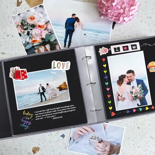 Vista 6 de 1DOT2 8x8 DIY pequeño álbum de recortes con 3 anillas, álbum de fotos con diario, con 30 fundas de plástico, 60 páginas y cubierta de tela