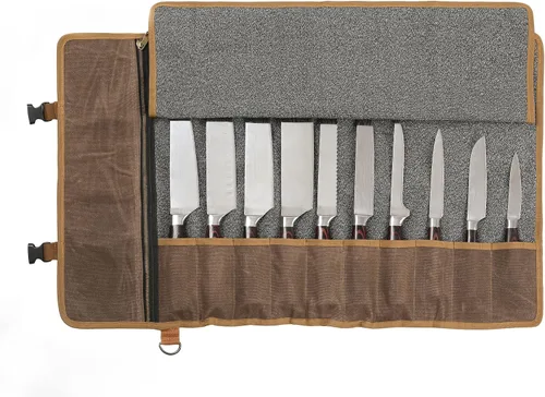 Vista 8 de Bolsa de rollo de cuchillo de lona encerada resistente, bolsa portátil para cuchillos de chef, duradera (verde militar)