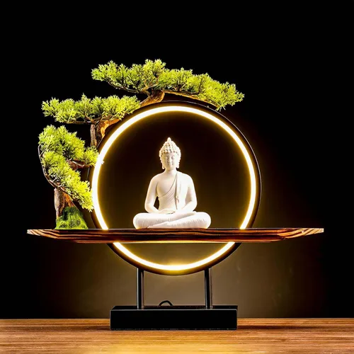 Vista 8 de Houlu Estatua de Buda verde con árbol artificial verde y lámpara de mesa circular LED, estatuas de Buda de cerámica para interiores para decoración