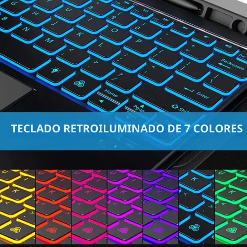 Vista 5 de Funda con teclado para Galaxy Tab A11/A9 de 8,7 pulgadas 2025/2023, retroiluminación de 7 colores, panel táctil inteligente, cubierta de cuero